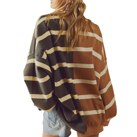 Free People Sweater - Uptown Striped Pullover - Brown and Cream - Picture 2 of 13